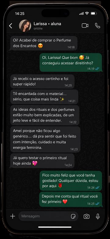 Depoimento da Larissa sobre acesso rápido, material bem explicado e ritual fácil de começar
